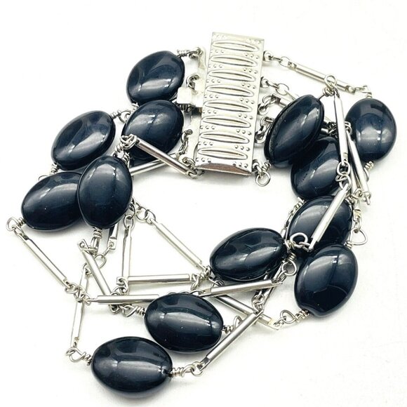 Multi Strand Silver Tone Bracelet Black Oval Cabochon Beads Statement Layered - Picture 2 of 8